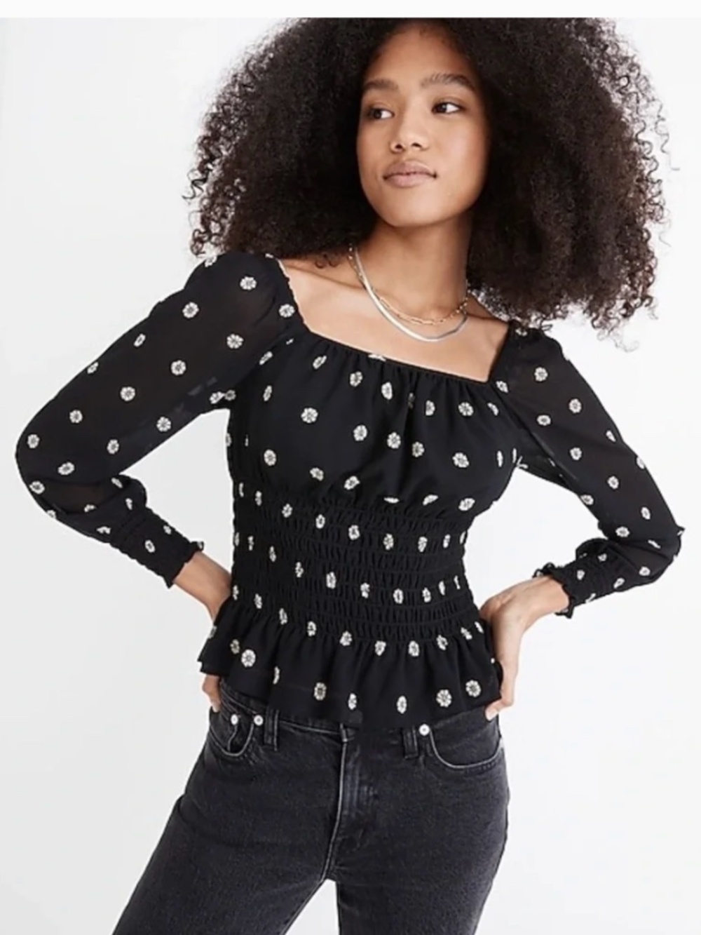 Madewell Georgette Square Neck Smock-Waist Top Bloom Dot Size Small